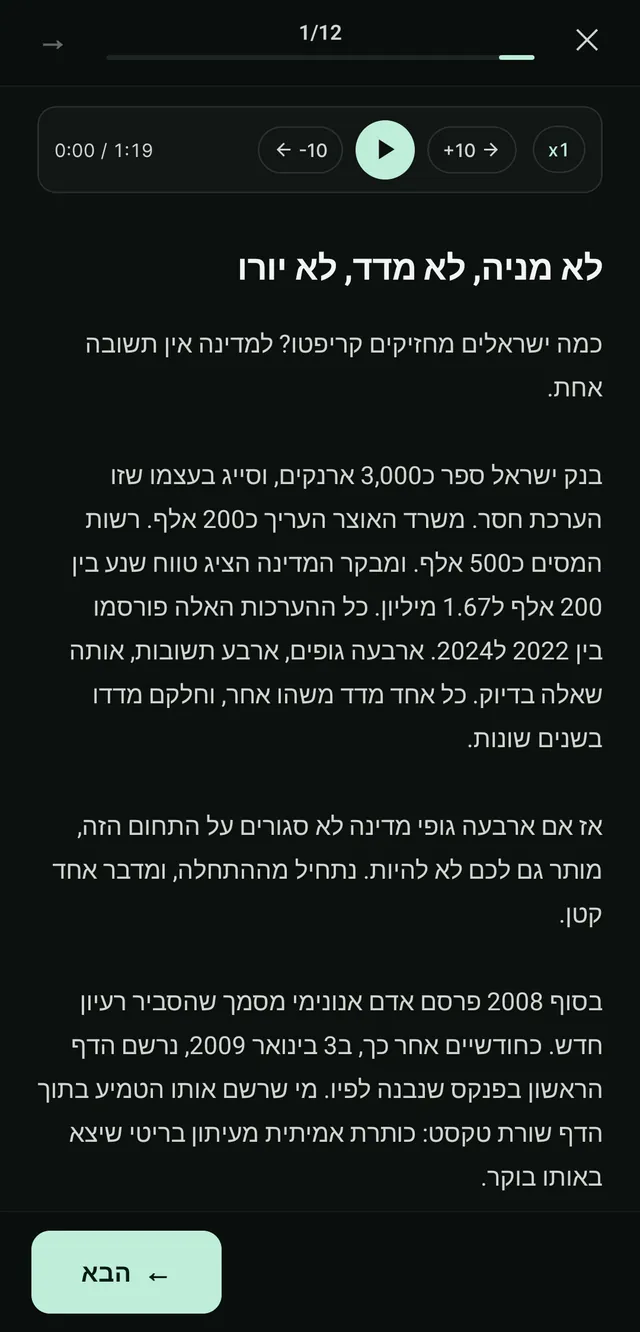 עמוד הפתיחה של שיעור באפליקציה: הכותרת 'לא מניה, לא מדד, לא יורו', נגן להאזנה לעמוד, וטקסט השיעור. בראש המסך עמוד 1 מתוך 12